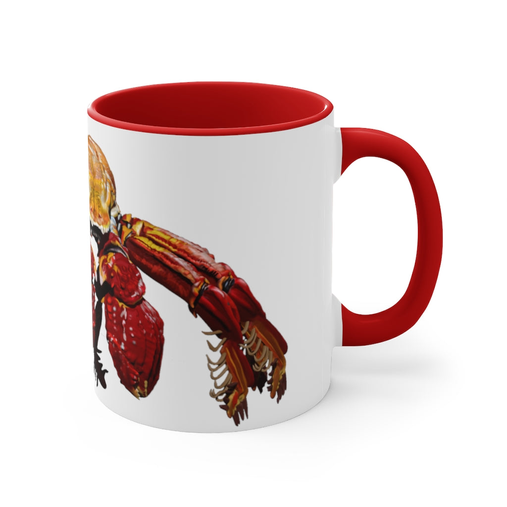 A stylish Red Crab Accent Mug featuring a white exterior with a vibrant red interior, showcasing its durable ceramic build and comfortable C-handle.