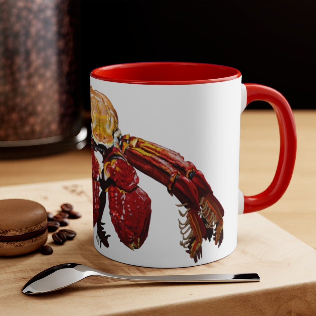 A stylish Red Crab Accent Mug featuring a white exterior with a vibrant red interior, showcasing its durable ceramic build and comfortable C-handle.