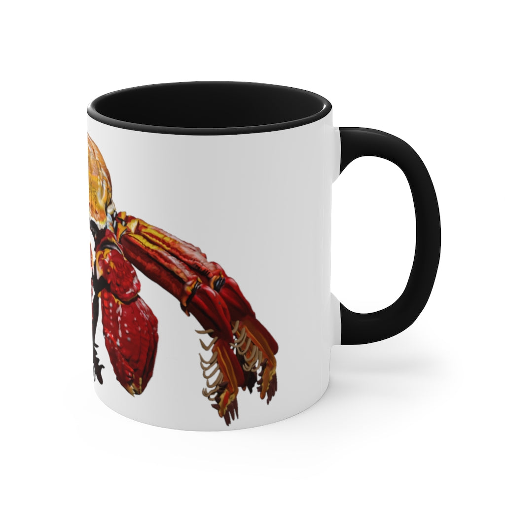 A stylish Red Crab Accent Mug featuring a white exterior with a vibrant red interior, showcasing its durable ceramic build and comfortable C-handle.