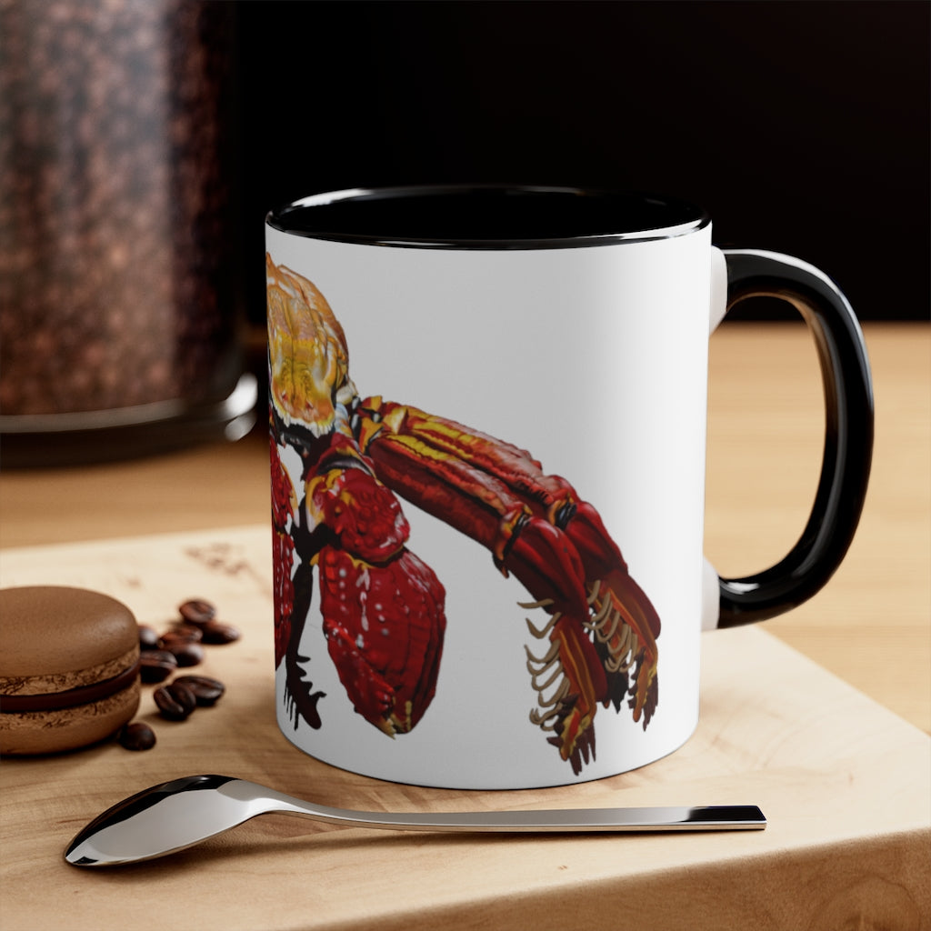 A stylish Red Crab Accent Mug featuring a white exterior with a vibrant red interior, showcasing its durable ceramic build and comfortable C-handle.