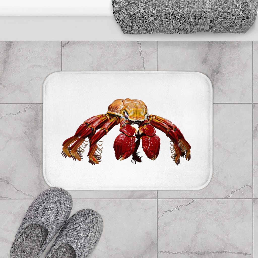 Red Crab Bath Mat featuring a vibrant crab design with anti-slip backing, made from soft microfiber material.