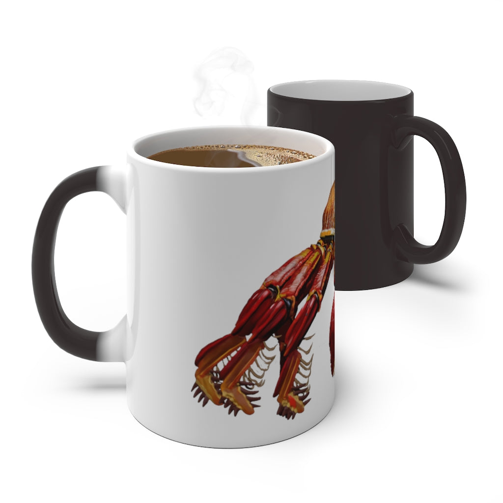 Red Crab Color Changing Mug showcasing vibrant colors when filled with hot liquid, featuring a rounded design and C-handle.