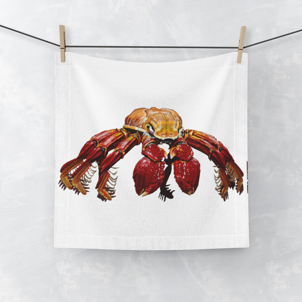 Red Crab Face Towel featuring a vibrant design on a soft polyester front and absorbent cotton back, ideal for customization.