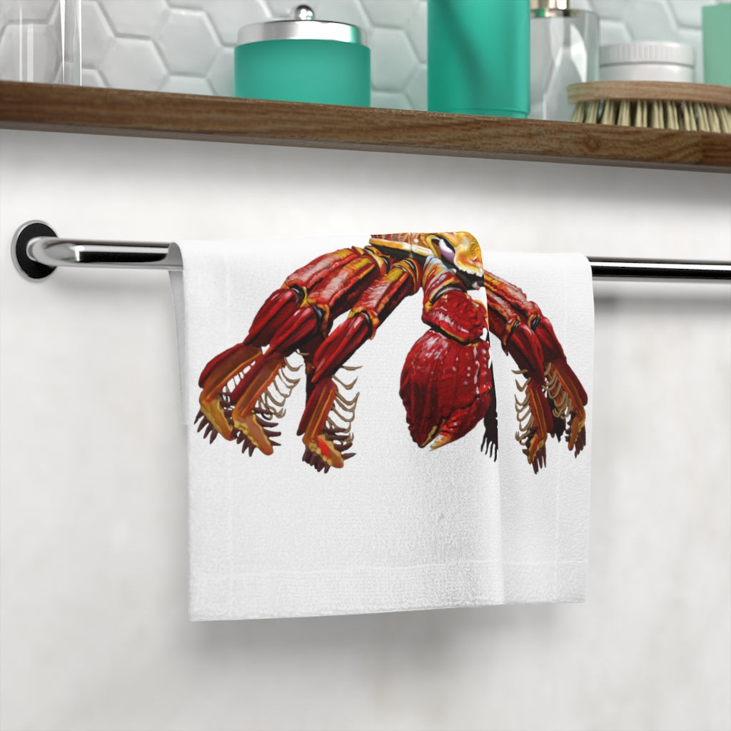 Red Crab Face Towel featuring a vibrant design on a soft polyester front and absorbent cotton back, ideal for customization.