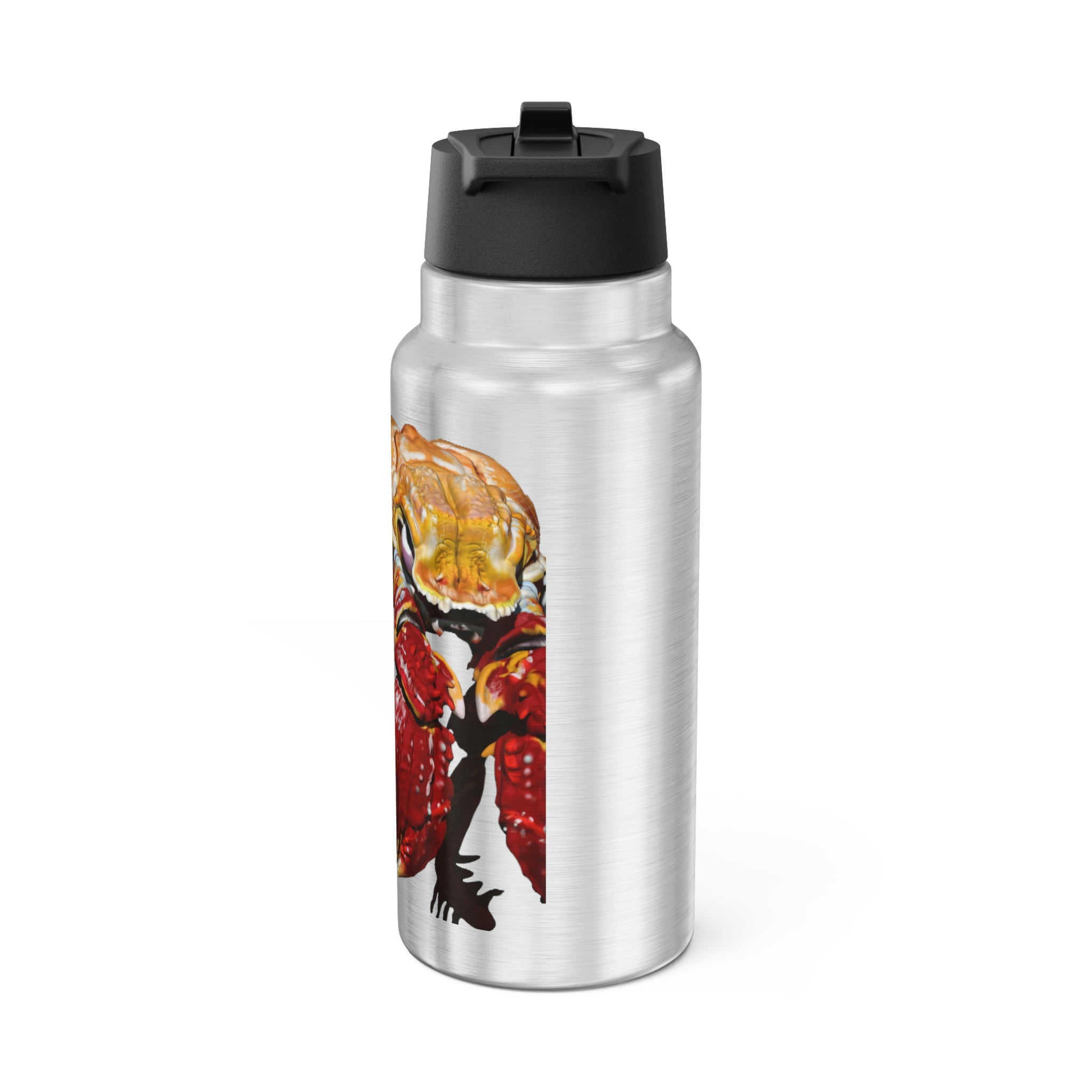 Red Crab Gator Tumbler, 32oz, stainless steel with a black screw-on cap and plastic straw, featuring customizable design options.