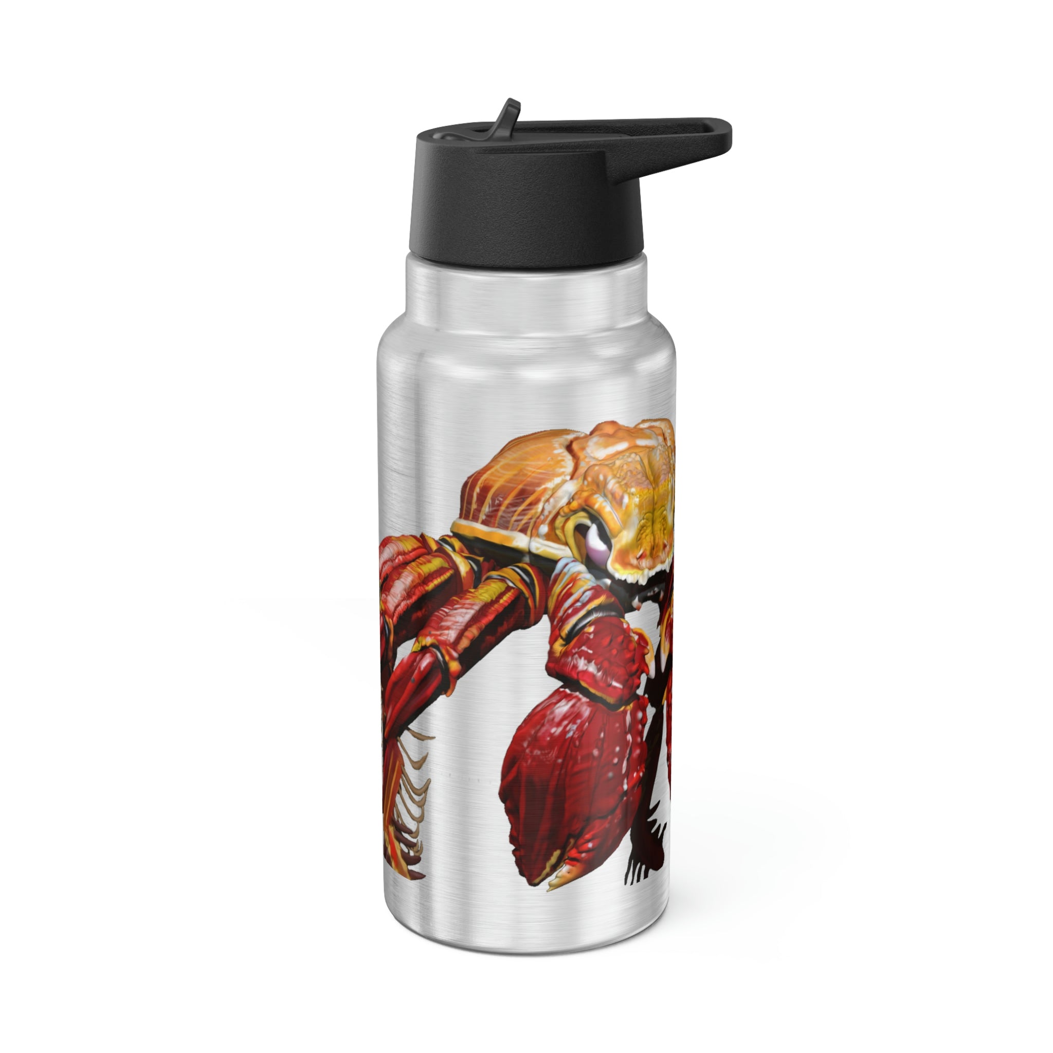 Red Crab Gator Tumbler, 32oz, stainless steel with a black screw-on cap and plastic straw, featuring customizable design options.