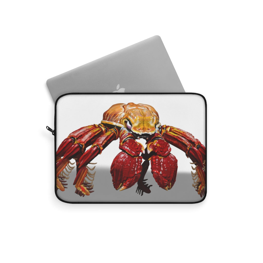 Red Crab Laptop Sleeve featuring a vibrant crab design on one side and a sleek black backside, perfect for protecting laptops.