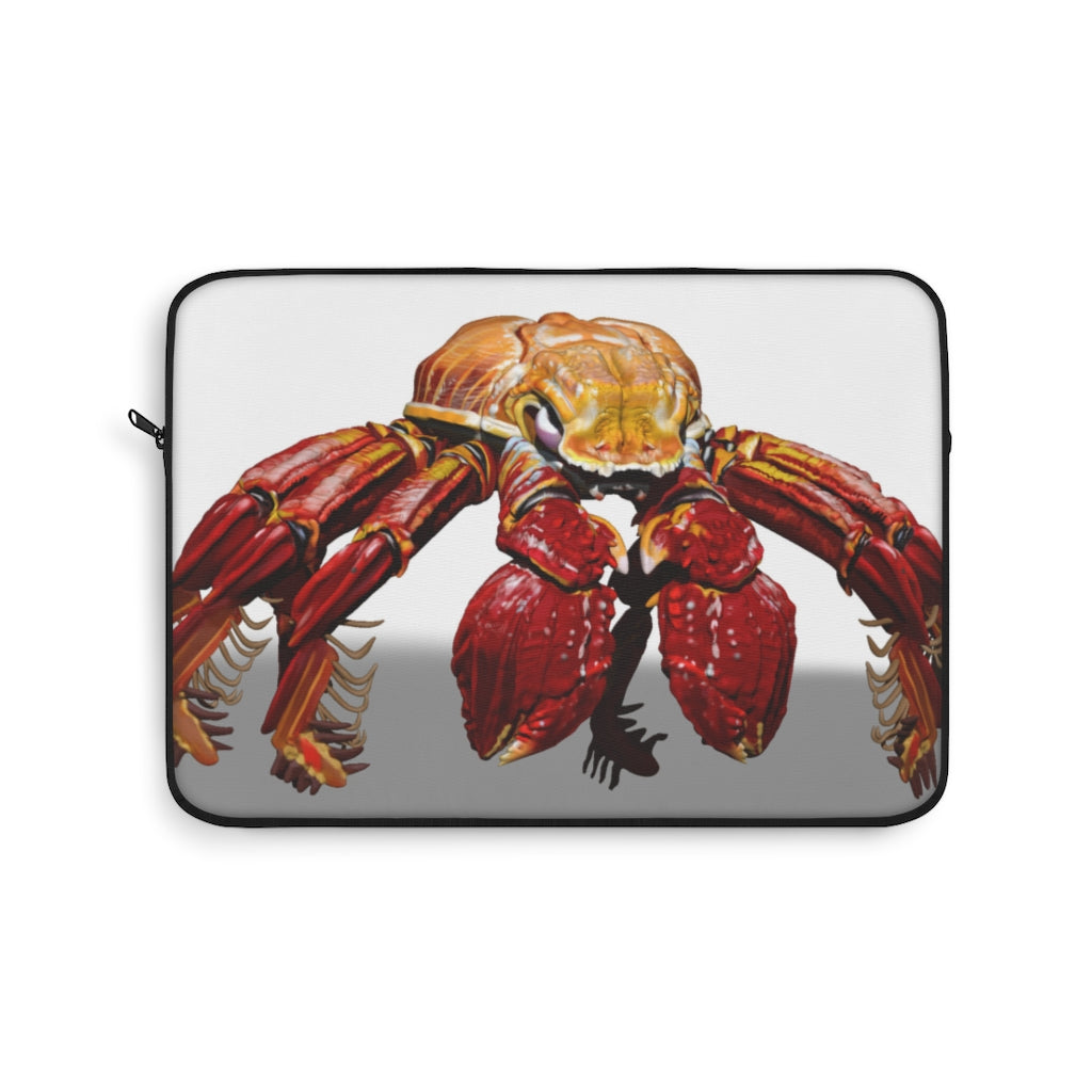 Red Crab Laptop Sleeve featuring a vibrant crab design on one side and a sleek black backside, perfect for protecting laptops.