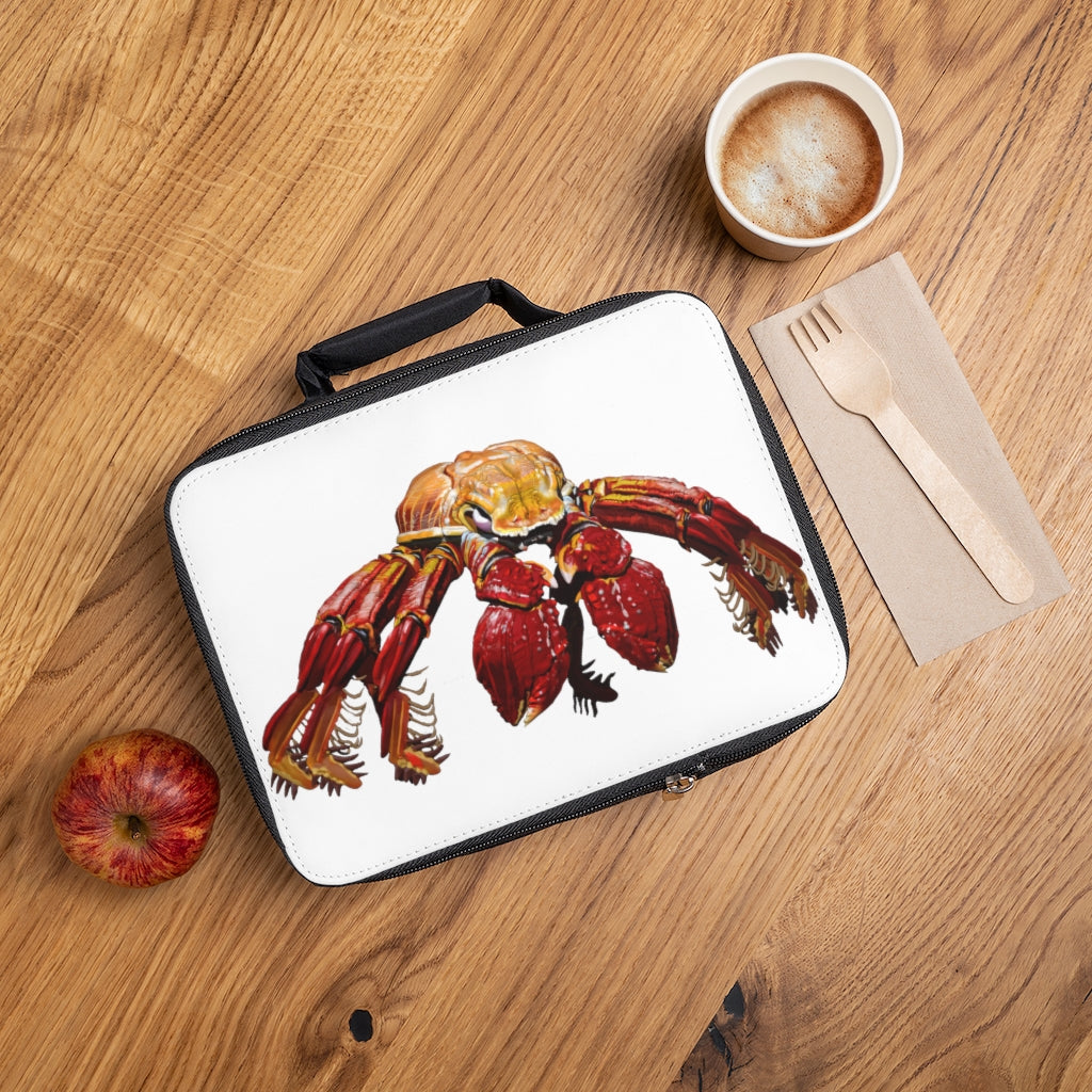 Red Crab Lunch Bag featuring a black base and customizable white area, designed for adults and kids with a zippered closure and carrying handle.