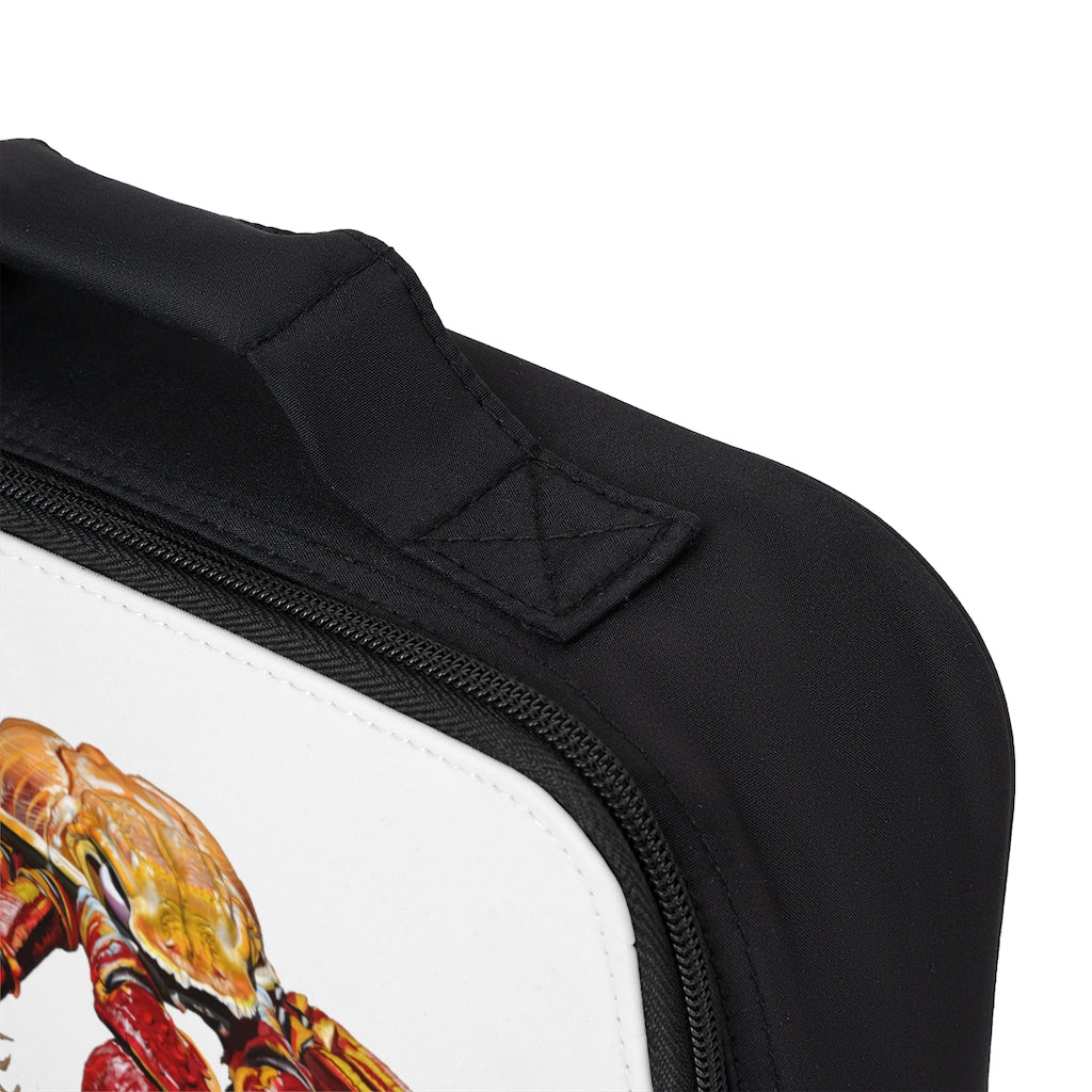 Red Crab Lunch Bag featuring a black base and customizable white area, designed for adults and kids with a zippered closure and carrying handle.