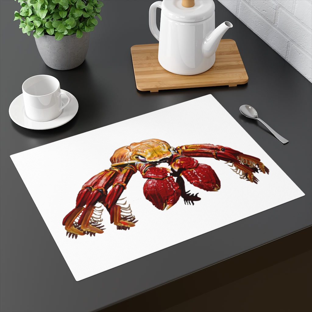 A vibrant red crab placemat featuring a unique design, made from durable cotton, perfect for enhancing dining experiences.