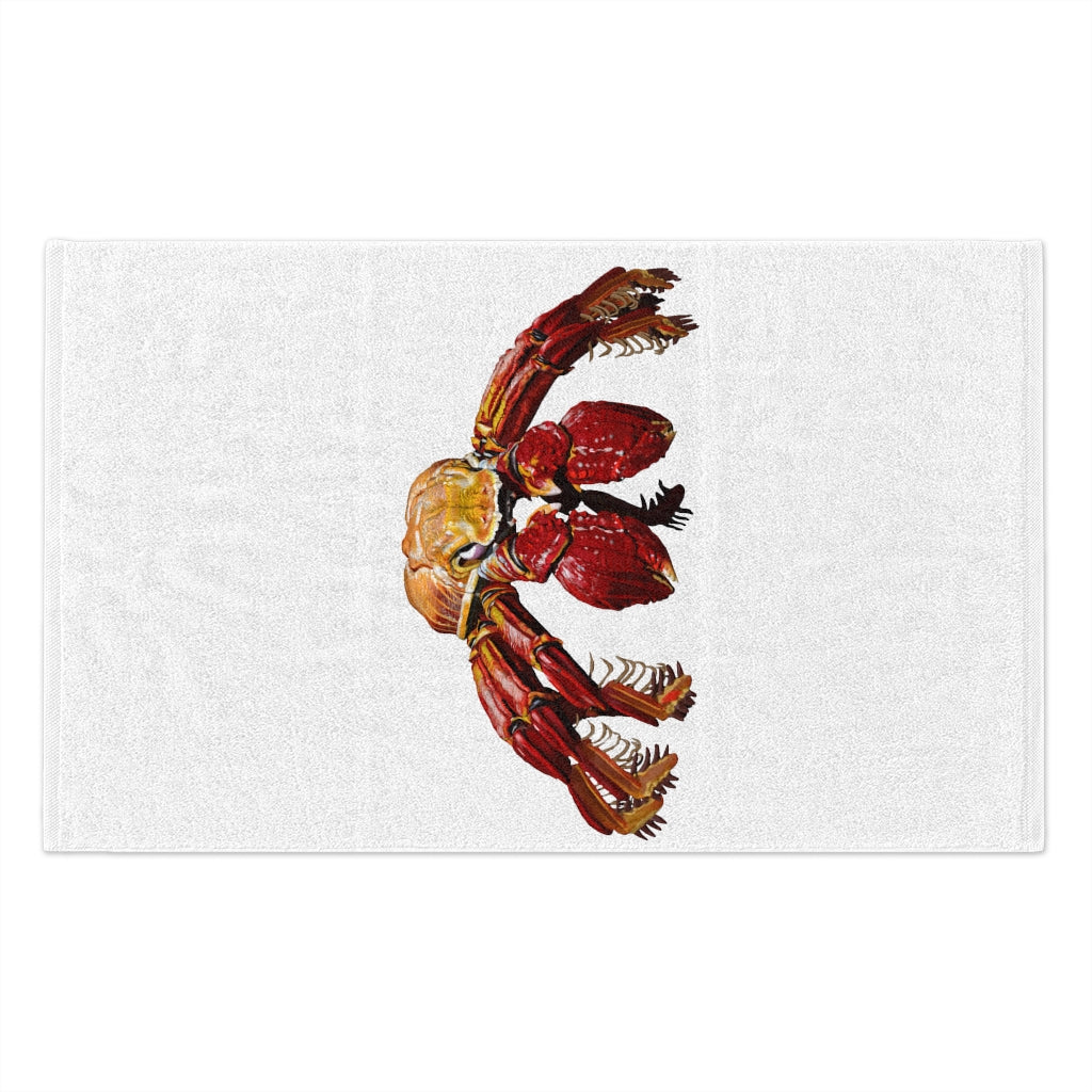 Red Crab Rally Towel featuring a vibrant design, soft cotton backing, and polyester front, measuring 11x18 inches.