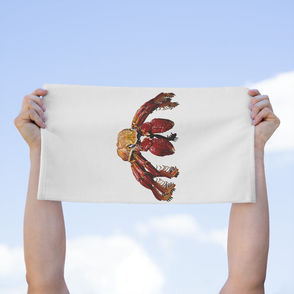 Red Crab Rally Towel featuring a vibrant design, soft cotton backing, and polyester front, measuring 11x18 inches.