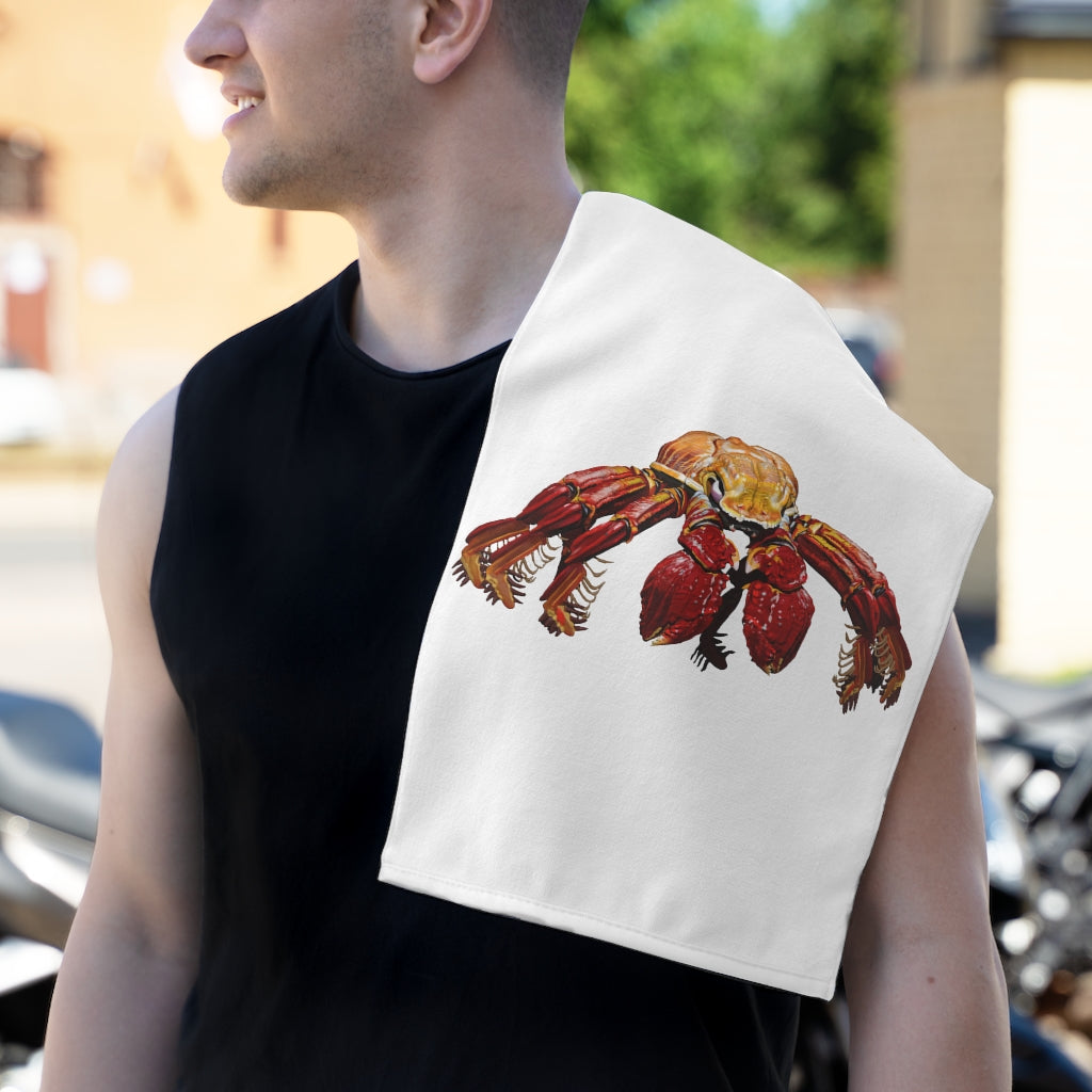 Red Crab Rally Towel featuring a vibrant design, soft cotton backing, and polyester front, measuring 11x18 inches.