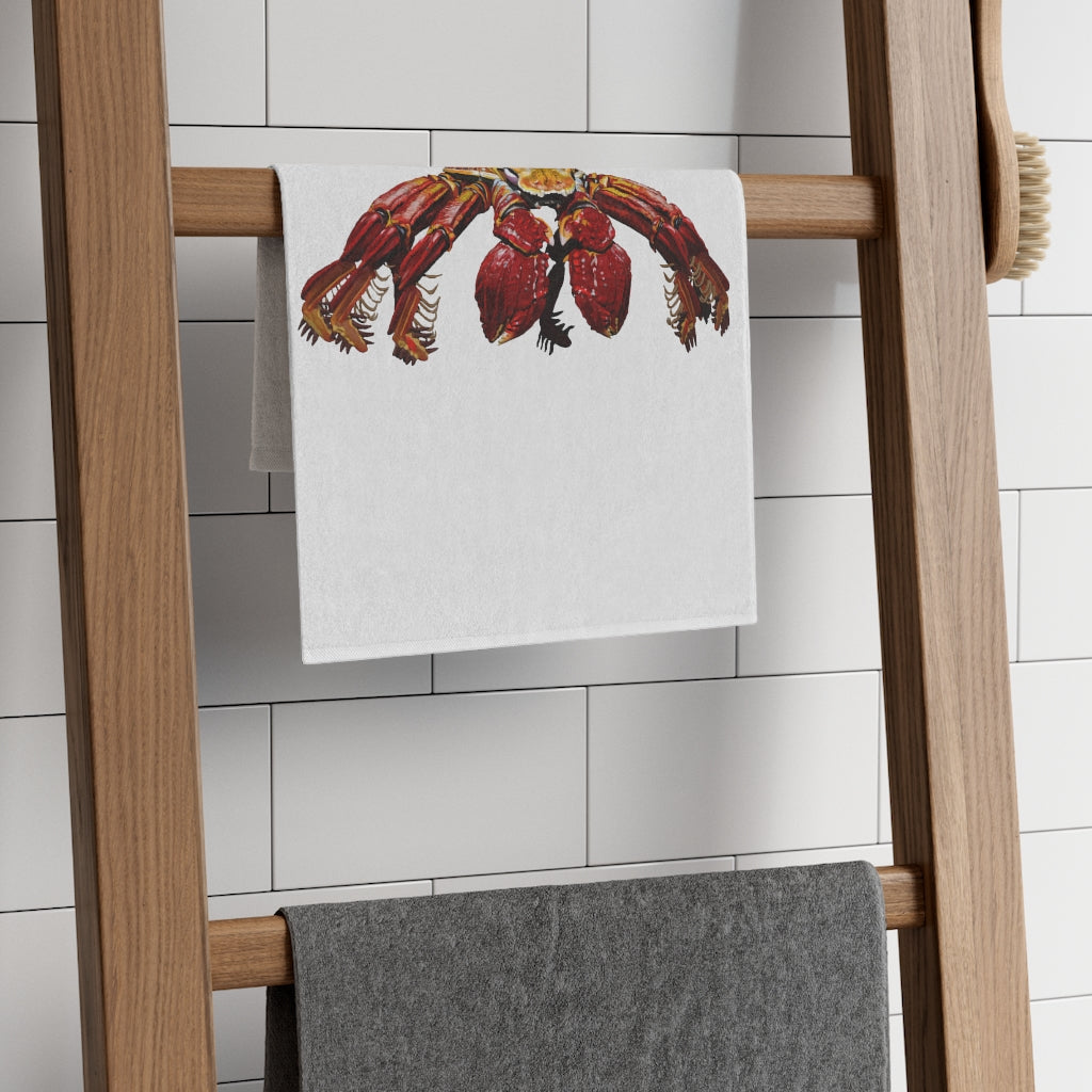 Red Crab Rally Towel featuring a vibrant design, soft cotton backing, and polyester front, measuring 11x18 inches.