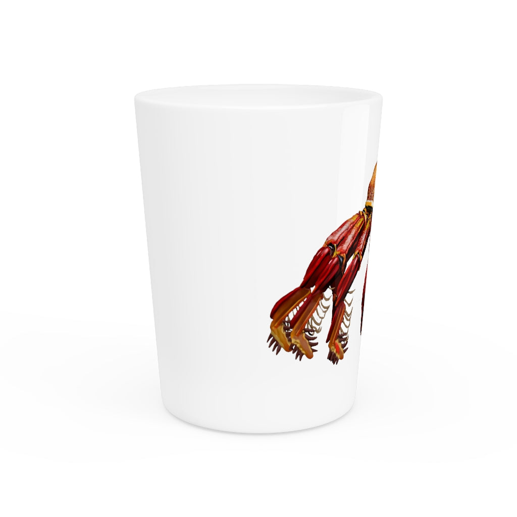 A personalized Red Crab Shot Glass made of ceramic with a white or black interior, ideal for gatherings and gifts.