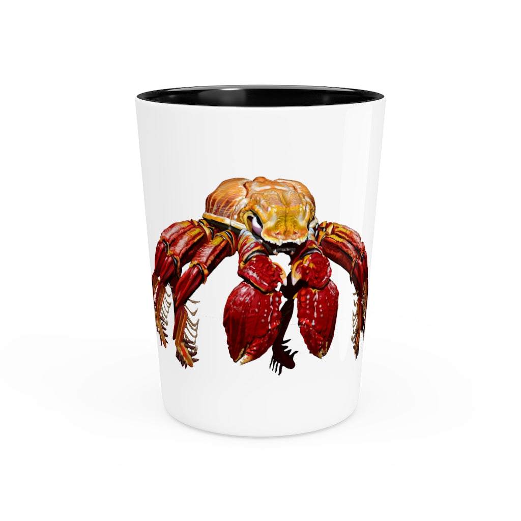 A personalized Red Crab Shot Glass made of ceramic with a white or black interior, ideal for gatherings and gifts.