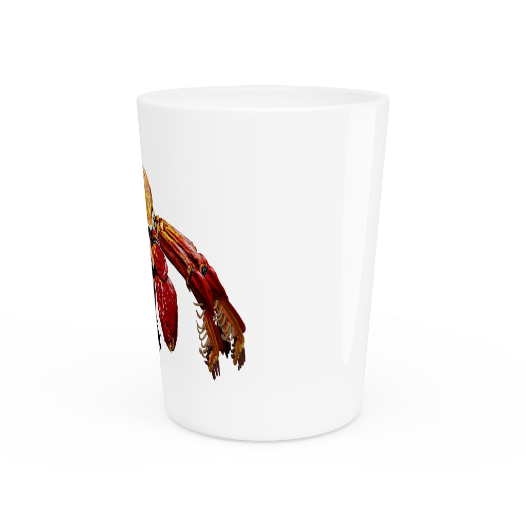 A personalized Red Crab Shot Glass made of ceramic with a white or black interior, ideal for gatherings and gifts.