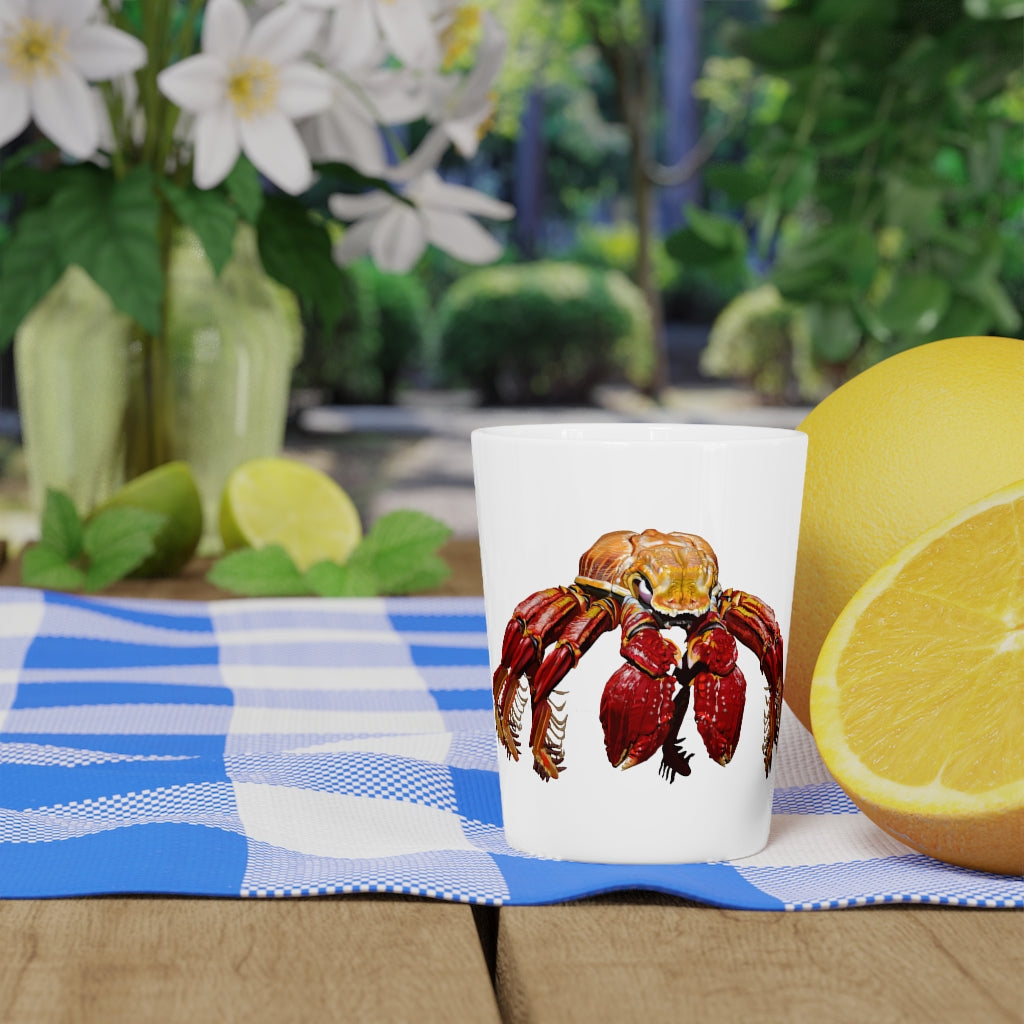 A personalized Red Crab Shot Glass made of ceramic with a white or black interior, ideal for gatherings and gifts.