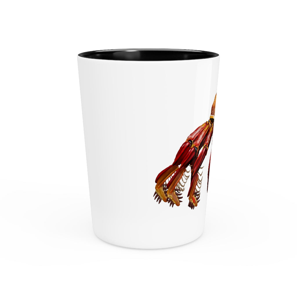 A personalized Red Crab Shot Glass made of ceramic with a white or black interior, ideal for gatherings and gifts.