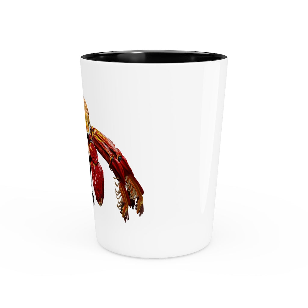 A personalized Red Crab Shot Glass made of ceramic with a white or black interior, ideal for gatherings and gifts.