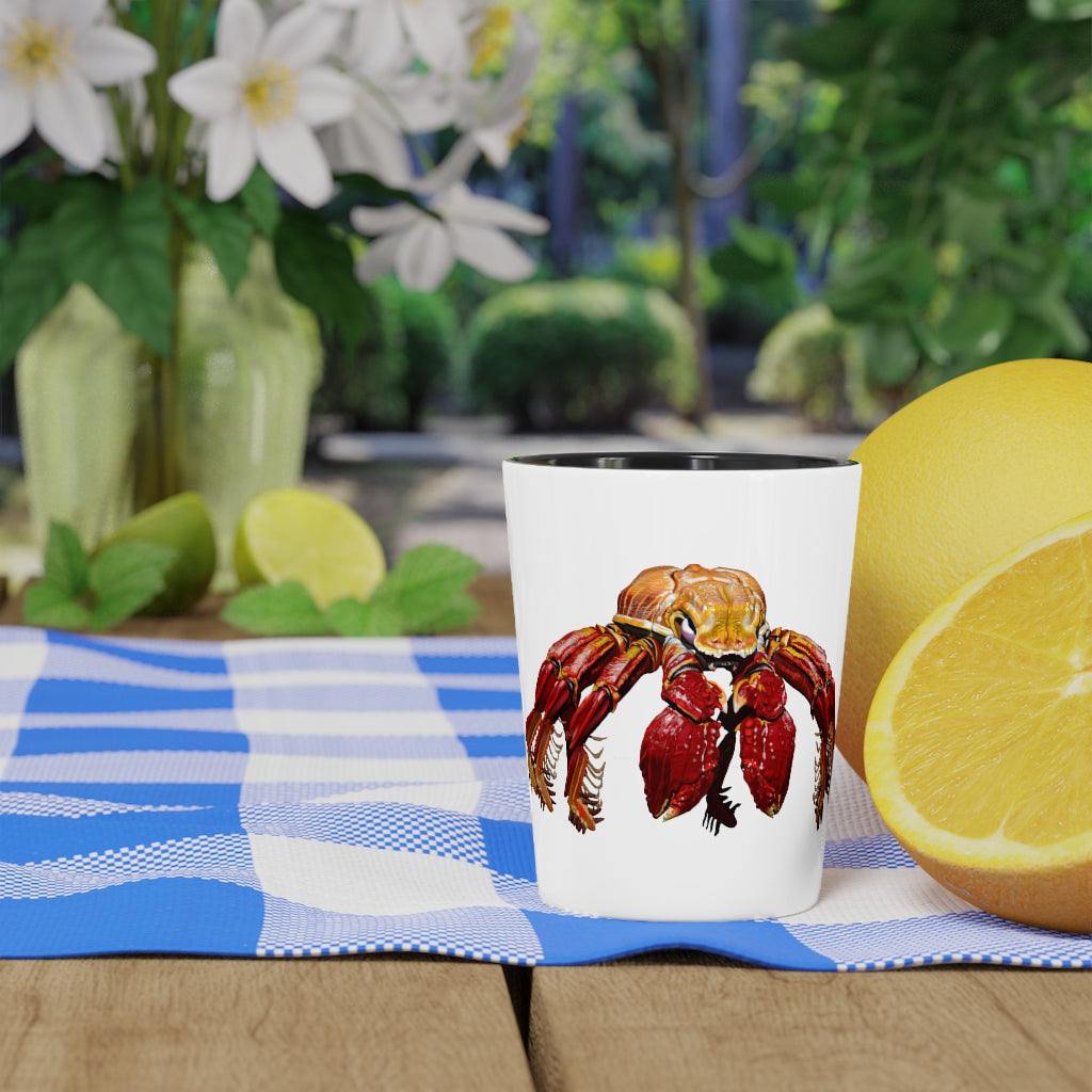 A personalized Red Crab Shot Glass made of ceramic with a white or black interior, ideal for gatherings and gifts.