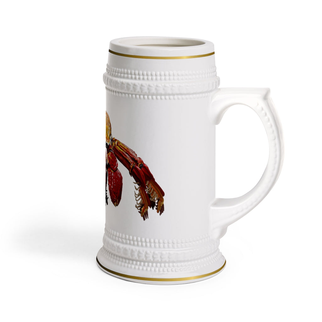 A stylish Red Crab Stein Mug made of durable white ceramic with ribbed outlines, perfect for custom designs.