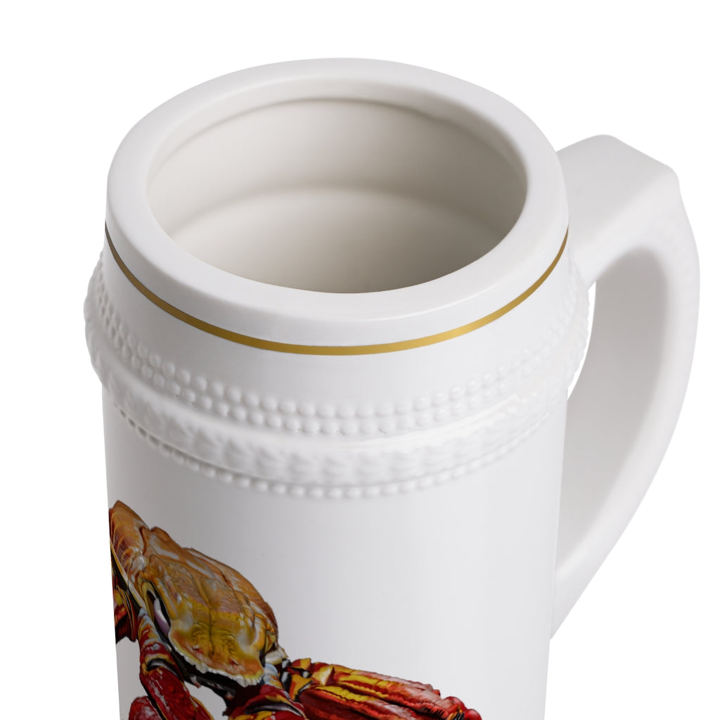 A stylish Red Crab Stein Mug made of durable white ceramic with ribbed outlines, perfect for custom designs.