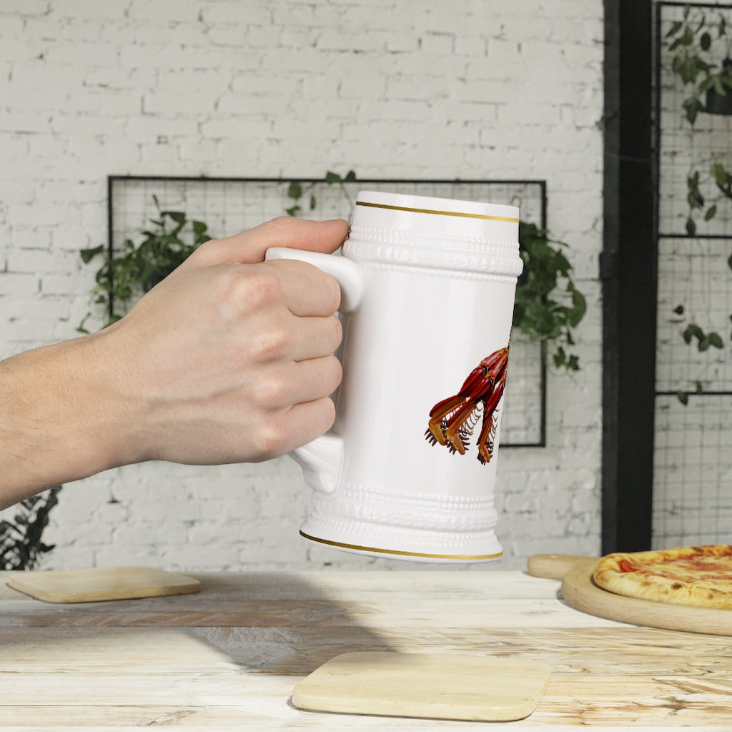 A stylish Red Crab Stein Mug made of durable white ceramic with ribbed outlines, perfect for custom designs.