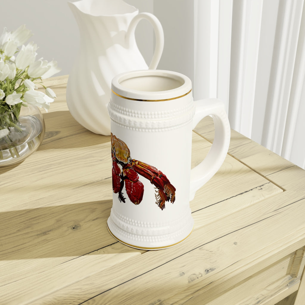 A stylish Red Crab Stein Mug made of durable white ceramic with ribbed outlines, perfect for custom designs.