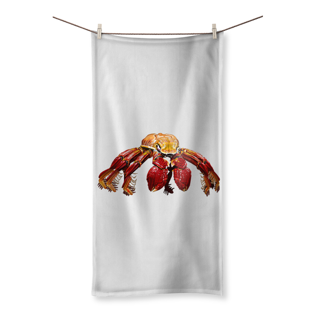 Red Crab Sublimation All Over Towel featuring vibrant crab design on polyester side and soft cotton back.