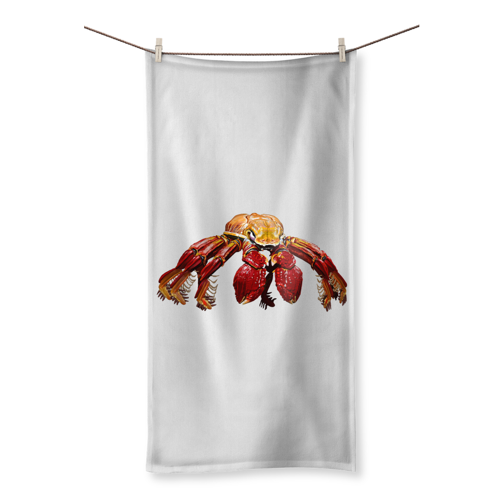 Red Crab Sublimation All Over Towel featuring vibrant crab design on polyester side and soft cotton back.