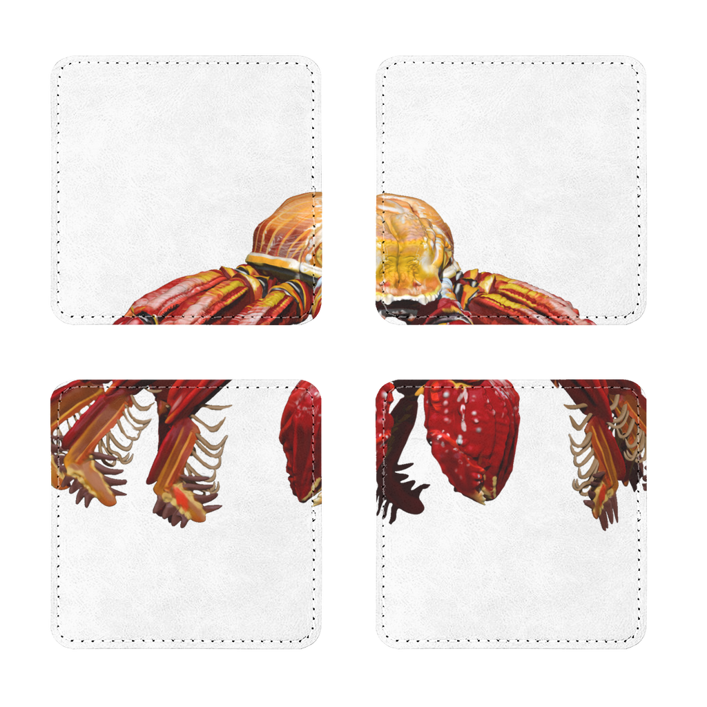 A pack of four Red Crab sublimation coasters made of PU leather, showcasing a stylish design with white stitching and a waterproof surface.