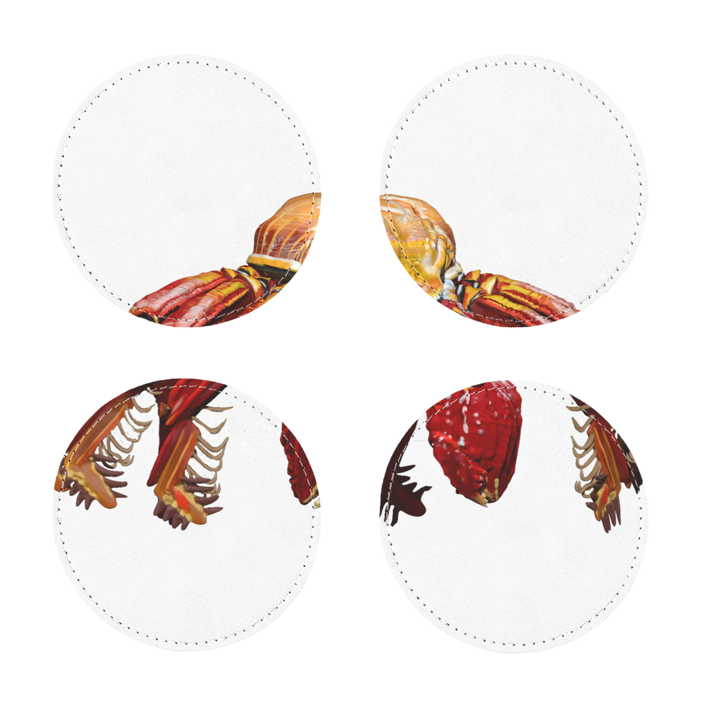 A pack of four Red Crab sublimation coasters made of PU leather, showcasing a stylish design with white stitching and a waterproof surface.