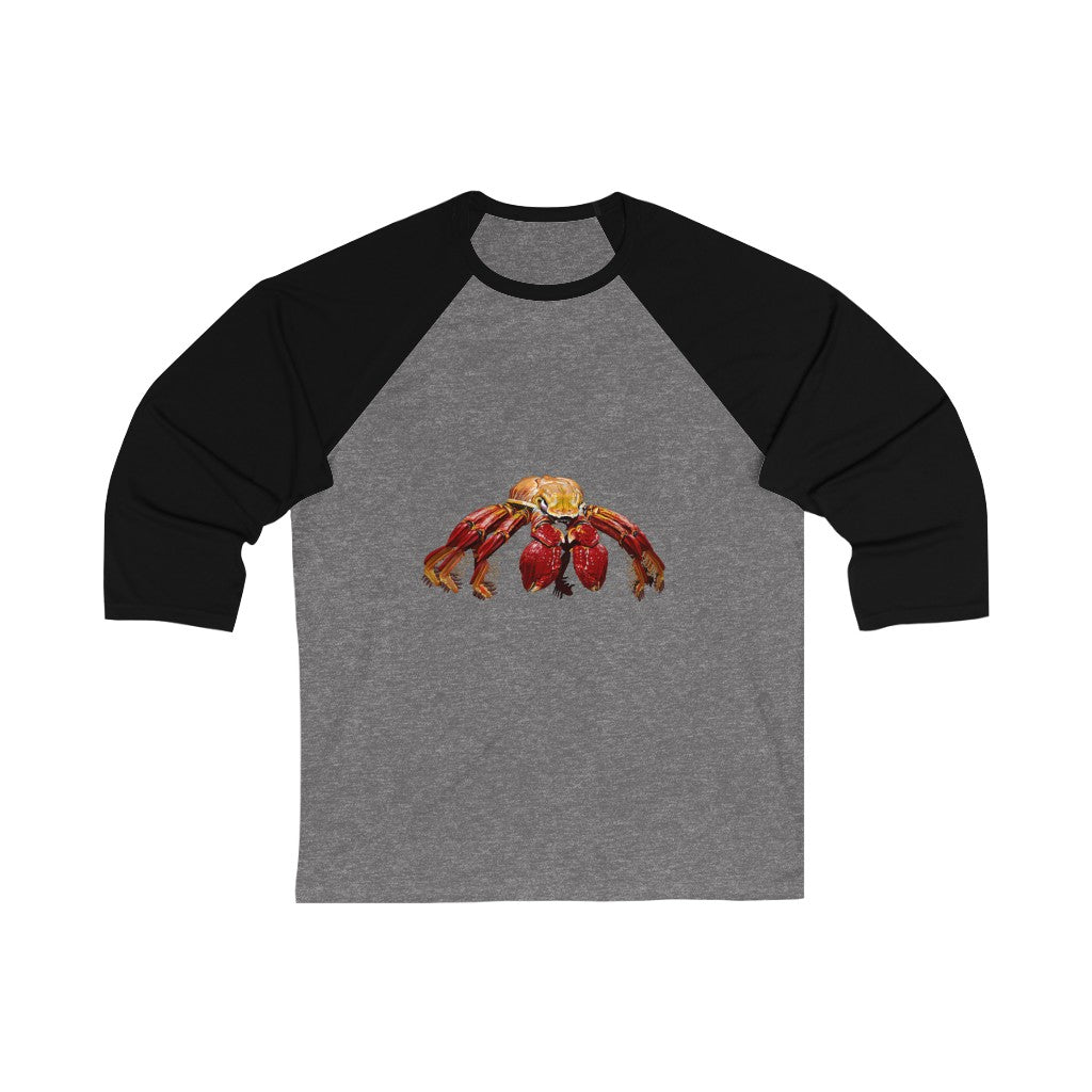 Red Crab Unisex 3/4 Sleeve Baseball Tee showcasing its stylish design and comfortable fit.