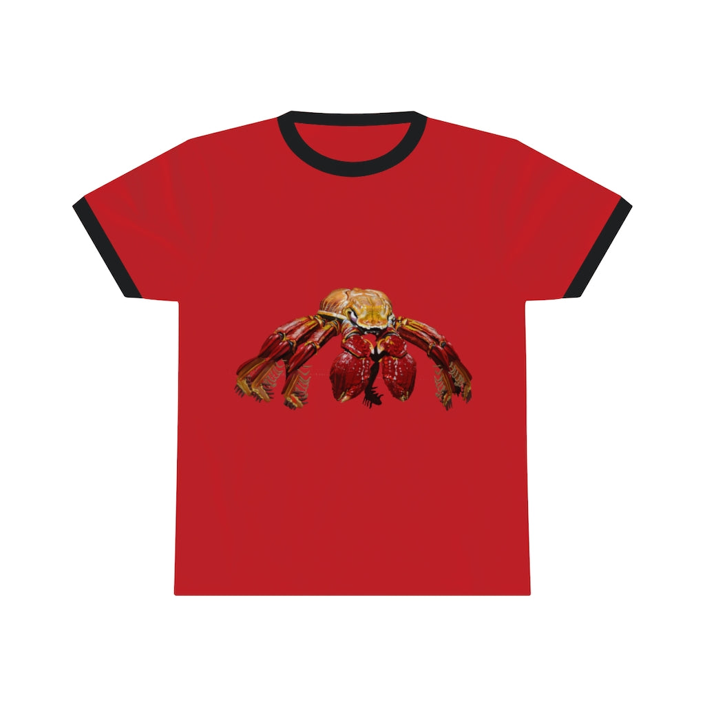 Red Crab Unisex Ringer Tee showcasing a stylish design with vibrant colors and a comfortable fit, perfect for summer wear.