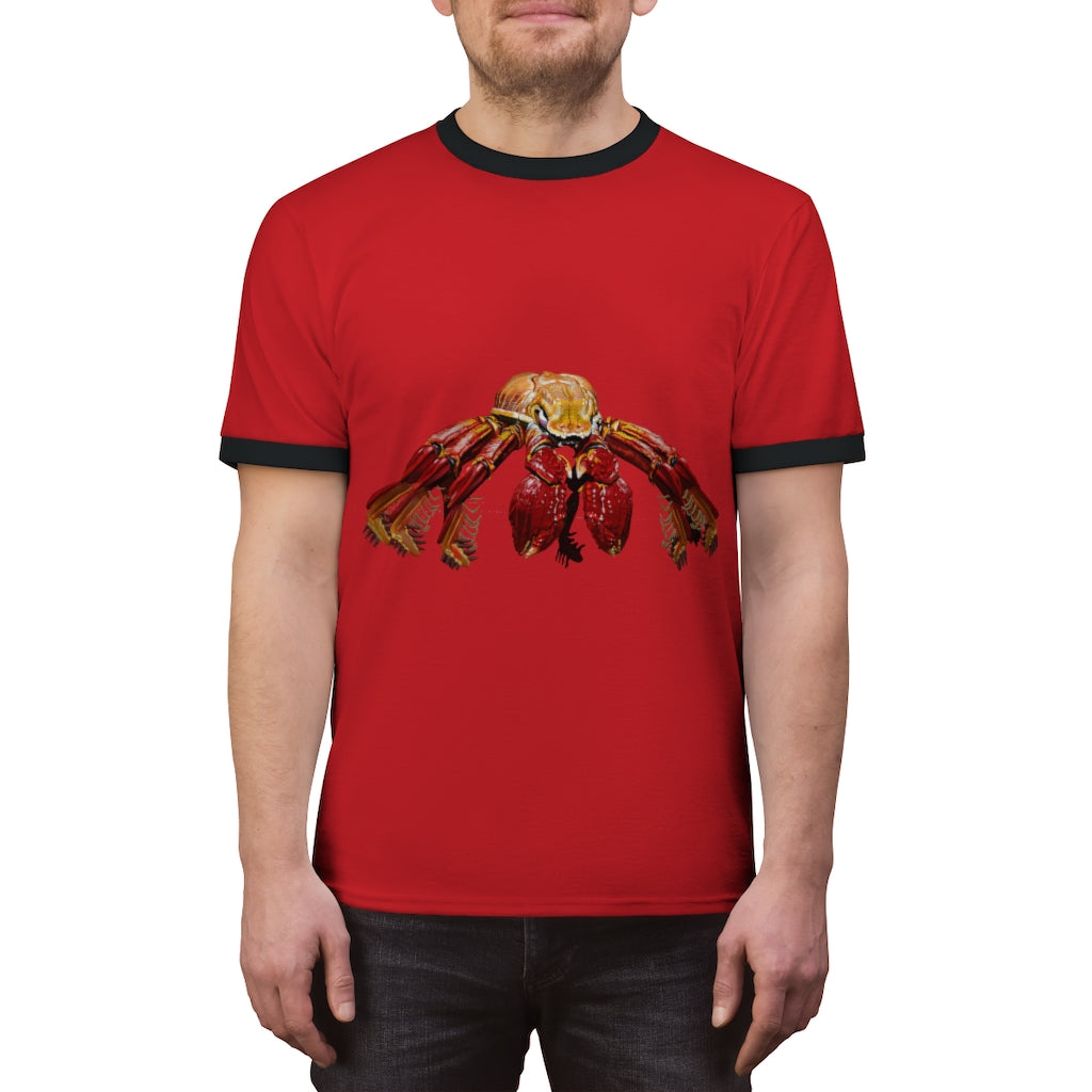 Red Crab Unisex Ringer Tee showcasing a stylish design with vibrant colors and a comfortable fit, perfect for summer wear.