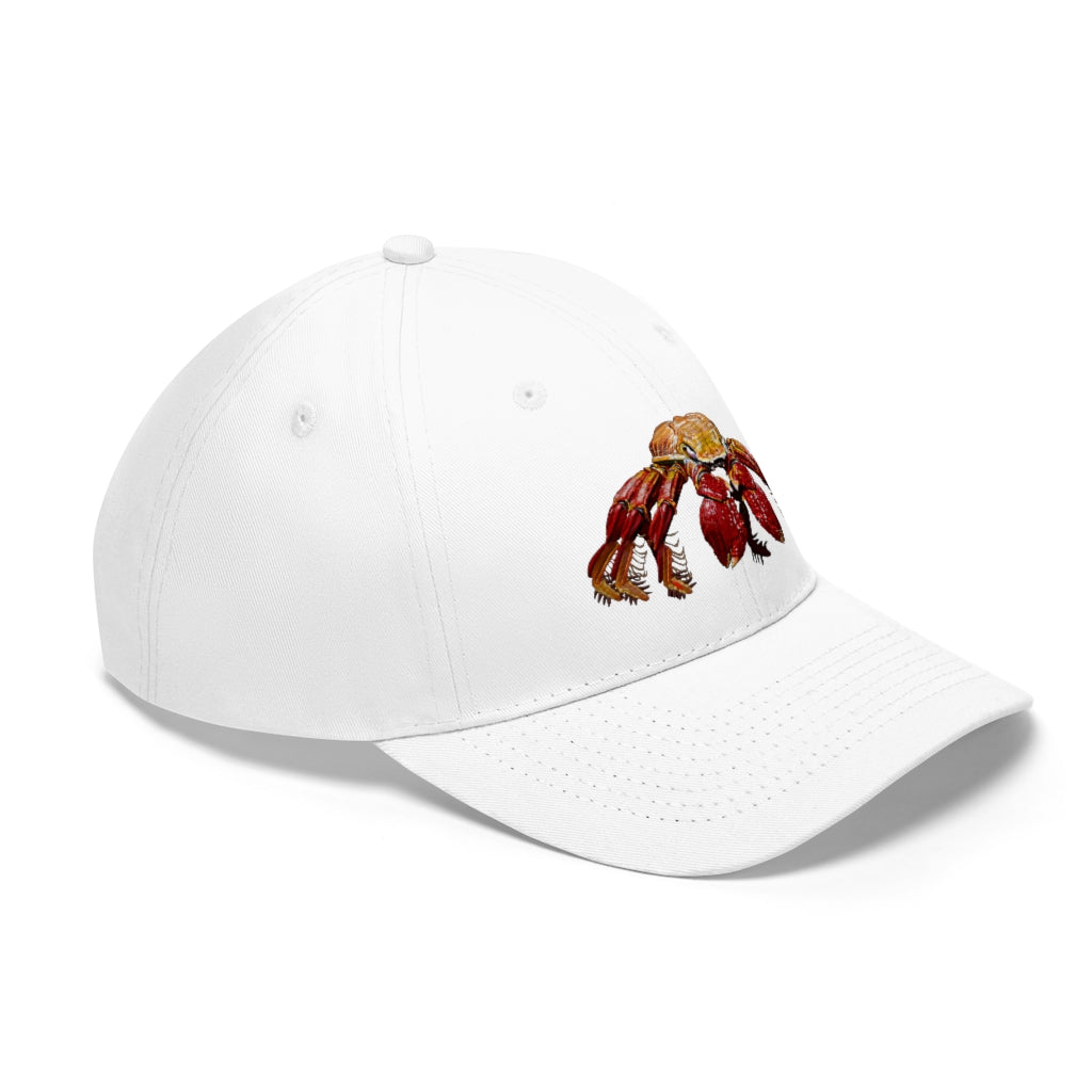 Red Crab Unisex Twill Hat featuring a classic 6-panel design in 100% cotton twill with adjustable Velcro closure.