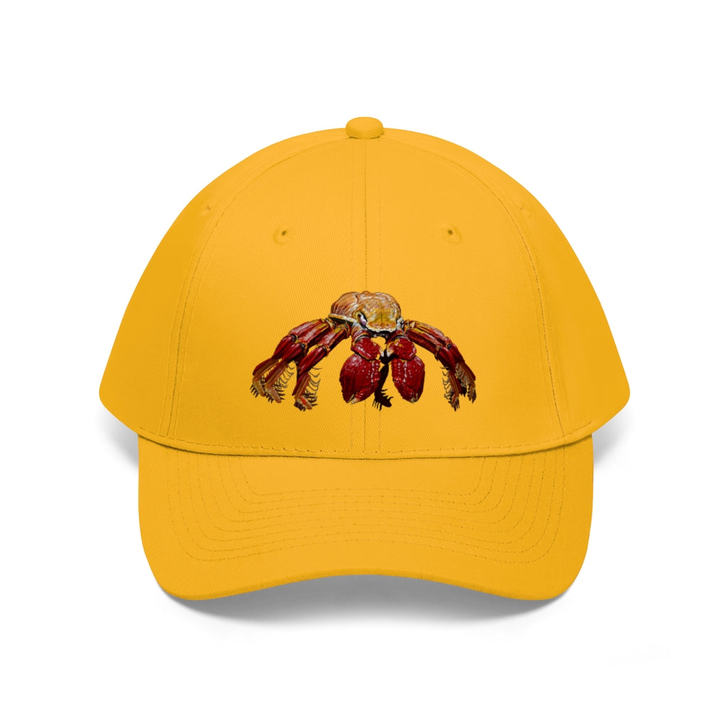 Red Crab Unisex Twill Hat featuring a classic 6-panel design in 100% cotton twill with adjustable Velcro closure.