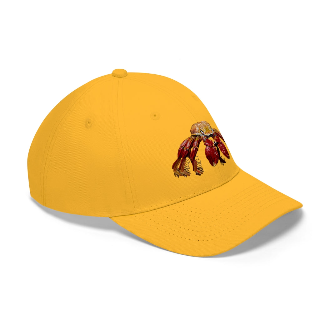 Red Crab Unisex Twill Hat featuring a classic 6-panel design in 100% cotton twill with adjustable Velcro closure.