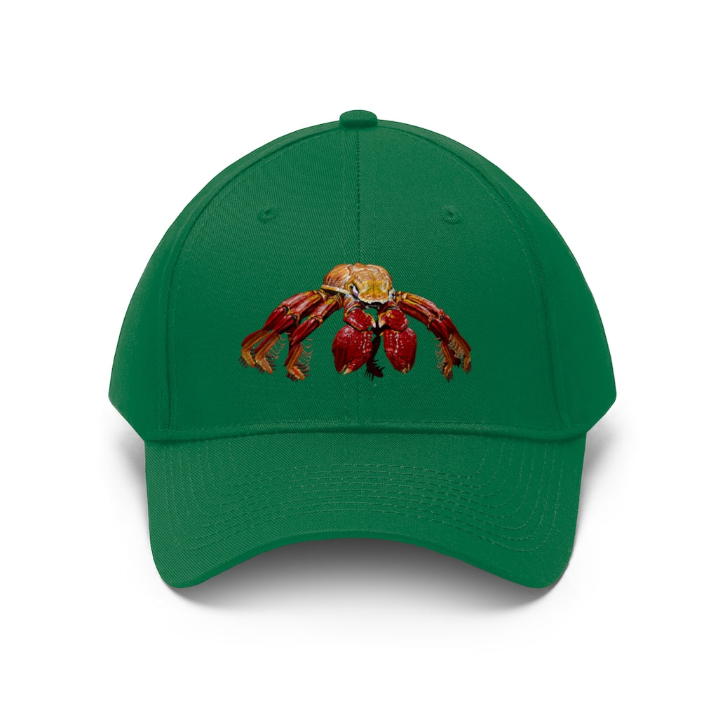 Red Crab Unisex Twill Hat featuring a classic 6-panel design in 100% cotton twill with adjustable Velcro closure.