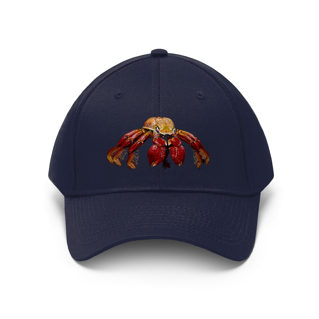 Red Crab Unisex Twill Hat featuring a classic 6-panel design in 100% cotton twill with adjustable Velcro closure.