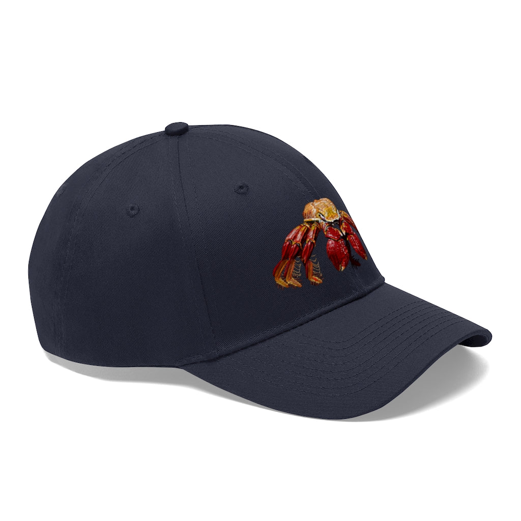 Red Crab Unisex Twill Hat featuring a classic 6-panel design in 100% cotton twill with adjustable Velcro closure.