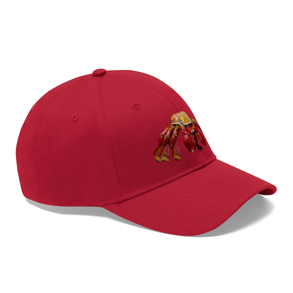 Red Crab Unisex Twill Hat featuring a classic 6-panel design in 100% cotton twill with adjustable Velcro closure.