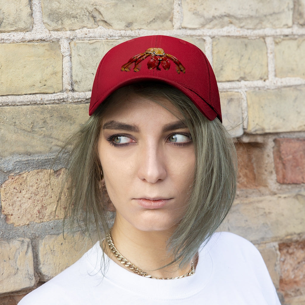 Red Crab Unisex Twill Hat featuring a classic 6-panel design in 100% cotton twill with adjustable Velcro closure.