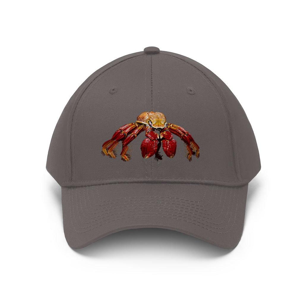 Red Crab Unisex Twill Hat featuring a classic 6-panel design in 100% cotton twill with adjustable Velcro closure.