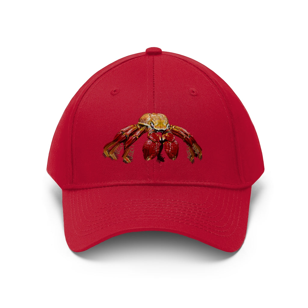 Red Crab Unisex Twill Hat featuring a classic 6-panel design in 100% cotton twill with adjustable Velcro closure.