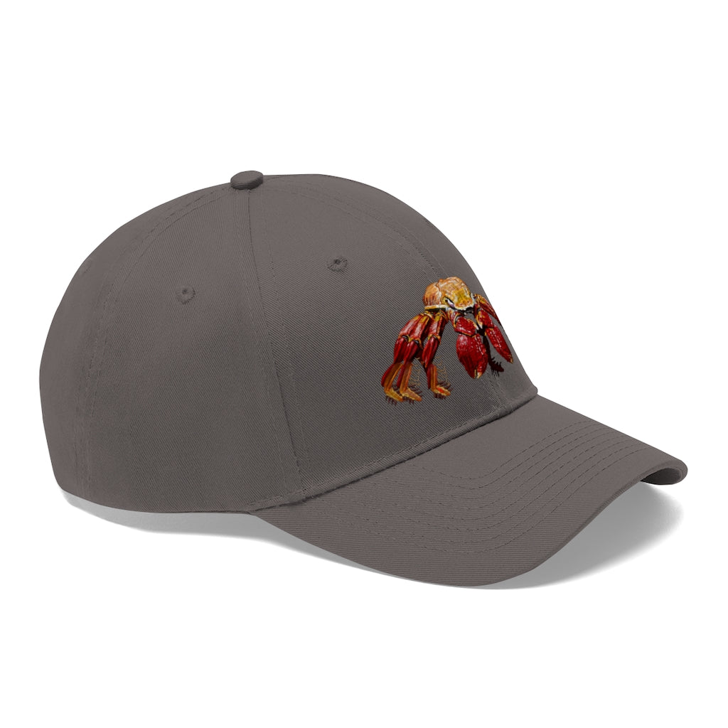 Red Crab Unisex Twill Hat featuring a classic 6-panel design in 100% cotton twill with adjustable Velcro closure.