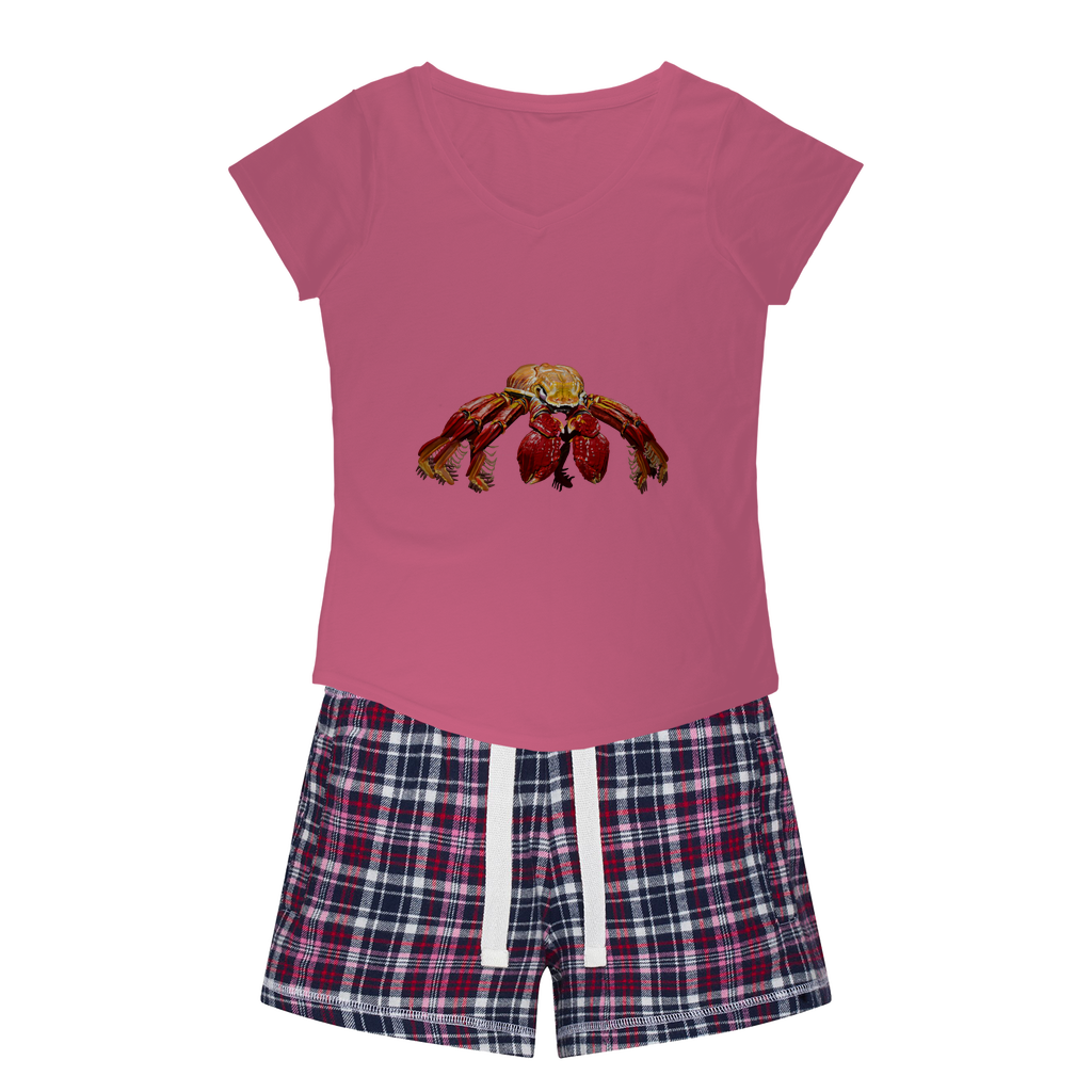 Red Crab Women's Sleepy Tee and Flannel Short set featuring a relaxed fit T-shirt and vibrant flannel shorts, perfect for cozy nights.