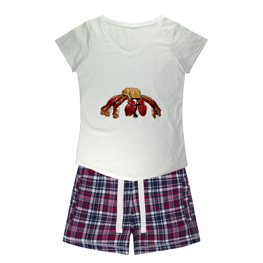 Red Crab Women's Sleepy Tee and Flannel Short set featuring a relaxed fit T-shirt and vibrant flannel shorts, perfect for cozy nights.